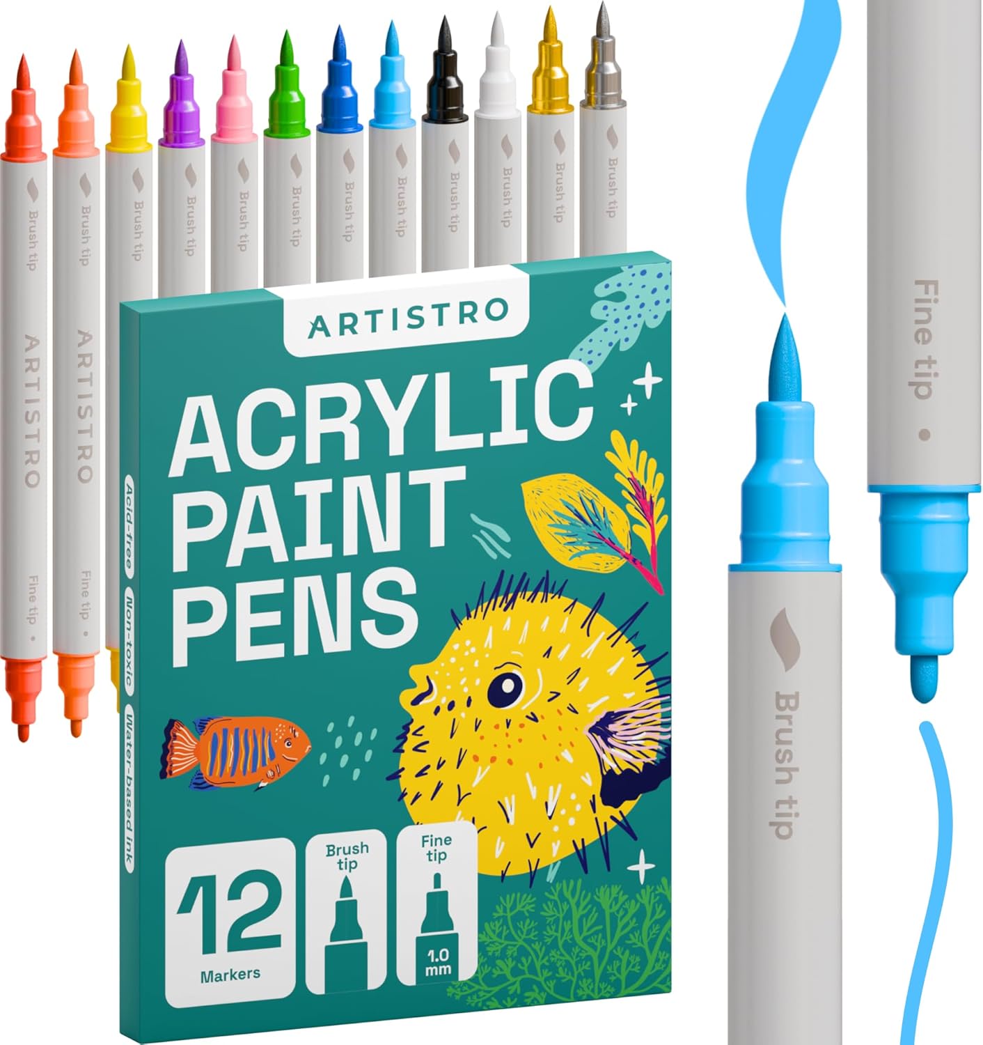 Dual Tip Acrylic Paint Markers - Easy for All Ages & Levels Acrylic Paint Pens for Fabric, Rocks, Paper, Wood, Canvas, Glass, DIY (Dual Tip Brush + Fine, 12)