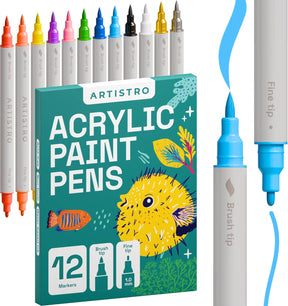 Dual Tip Acrylic Paint Markers - Easy for All Ages & Levels Acrylic Paint Pens for Fabric, Rocks, Paper, Wood, Canvas, Glass, DIY (Dual Tip Brush + Fine, 12)