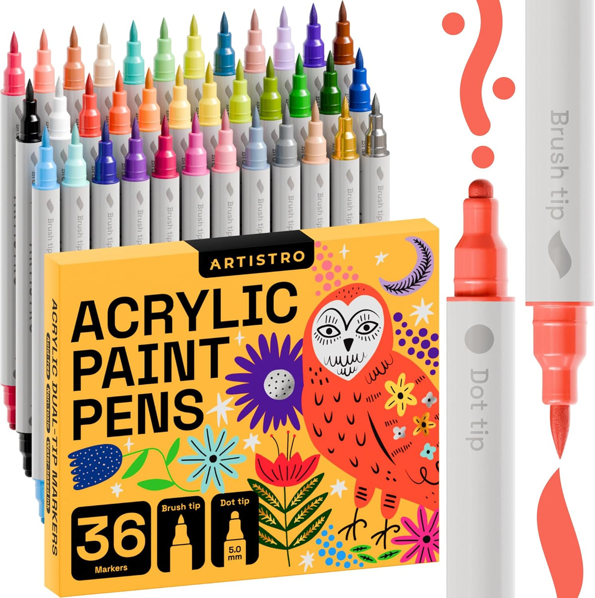 36 Acrylic Paint Markers for Fabric, Rocks, Paper, Wood, Canvas, Glass, DIY - Safe for Kids Dual Tip Acrylic Paint Pens (Dual Tip Dot + Brush, 36)