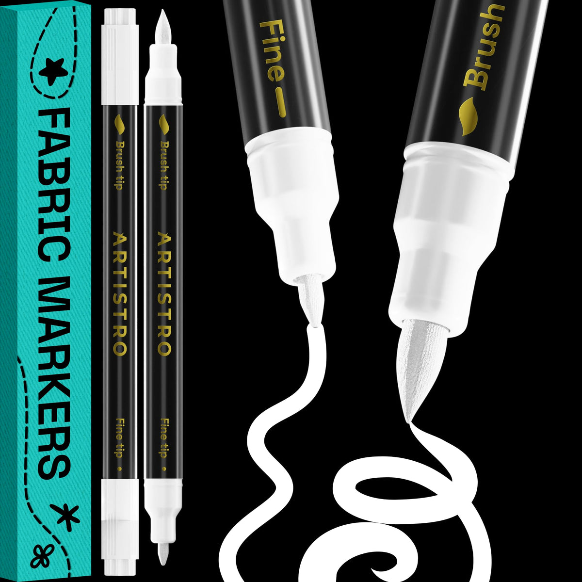 ARTISTRO 2 White Dual-Tip Fabric Markers - Fabric Decorating Kit - Permanent for Clothes - Acrylic Paint Pens for Sneakers, Bags, Shoes, Textile, Canvas, Sewing, Craft, DIY - Brush and Fine Tip