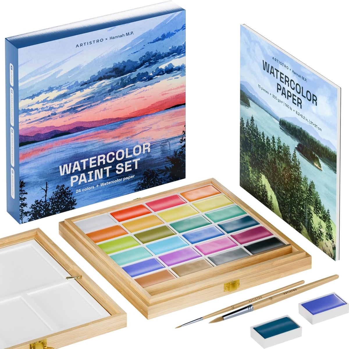 ARTISTRO x HANNAH M.P Professional Watercolor Paint Set Limited Edition with 24 colors in Bamboo Wooden Box (6ml XL Pans) - 2 Brushes, Watercolor Paper, Mixing Tray - Watercolor Set for Professionals made by professionals