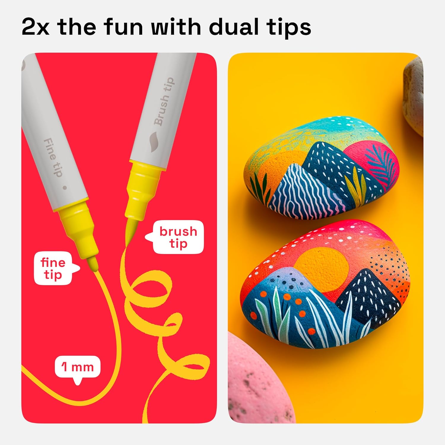 Dual Tip Acrylic Paint Markers - Easy for All Ages & Levels Acrylic Paint Pens for Fabric, Rocks, Paper, Wood, Canvas, Glass, DIY (Dual Tip Brush + Fine, 12)