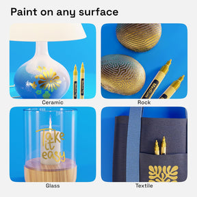 2 Acrylic Paint Pens for Rock Painting Ceramic Wood Glass Tire Plastic, Fabric Marker Paint Markers Ideal for Labeling DIY Crafts Art Projects, 3mm Medium Tip, Gold