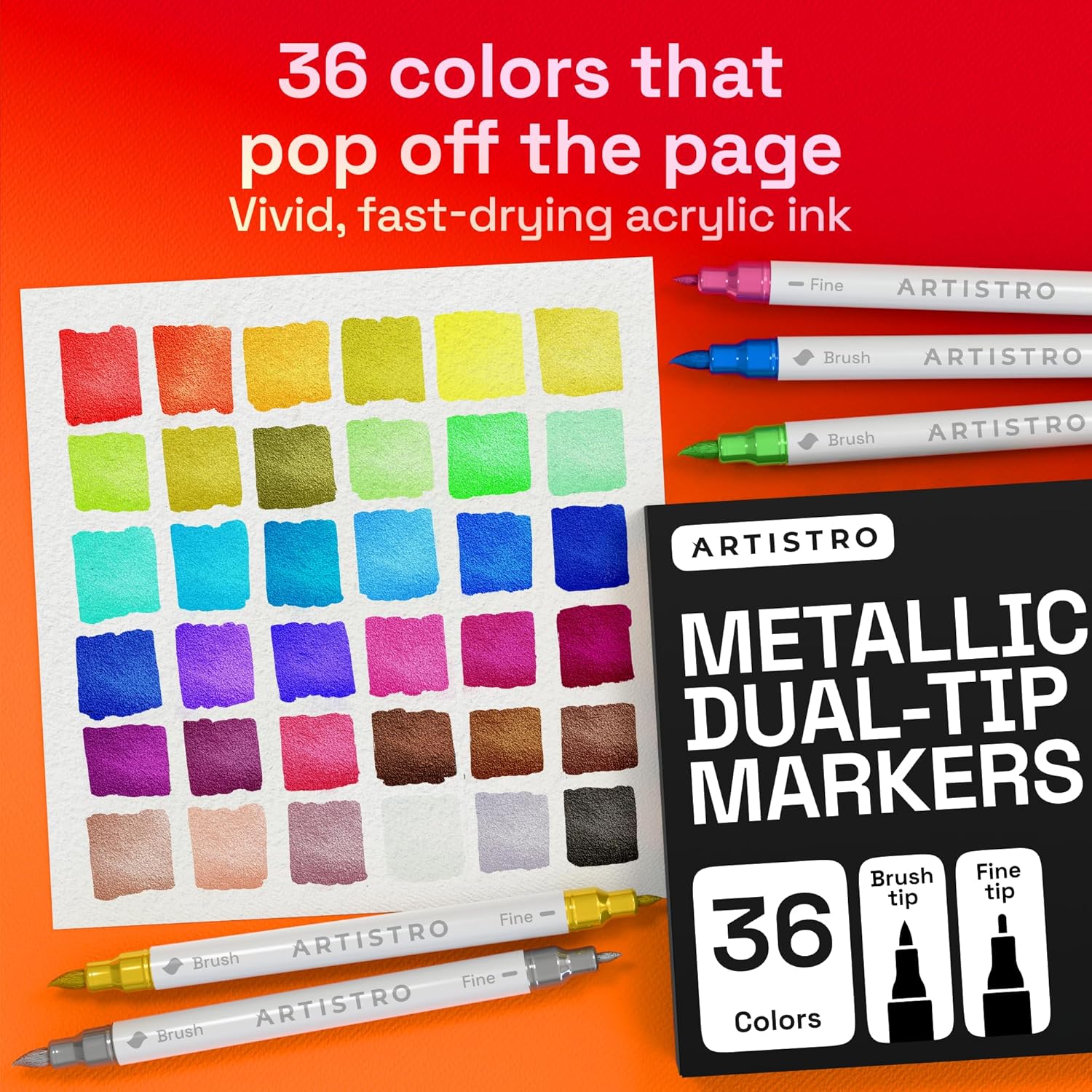 ARTISTRO 36 Metallic Acrylic Paint Markers - Paint Pens for Drawing, Brush + Fine Tips - For Fabric, Rock, Glass, Wood, DIY - Art & Craft Supplies for Adults, Teens, Kids - Teacher Appreciation Gift