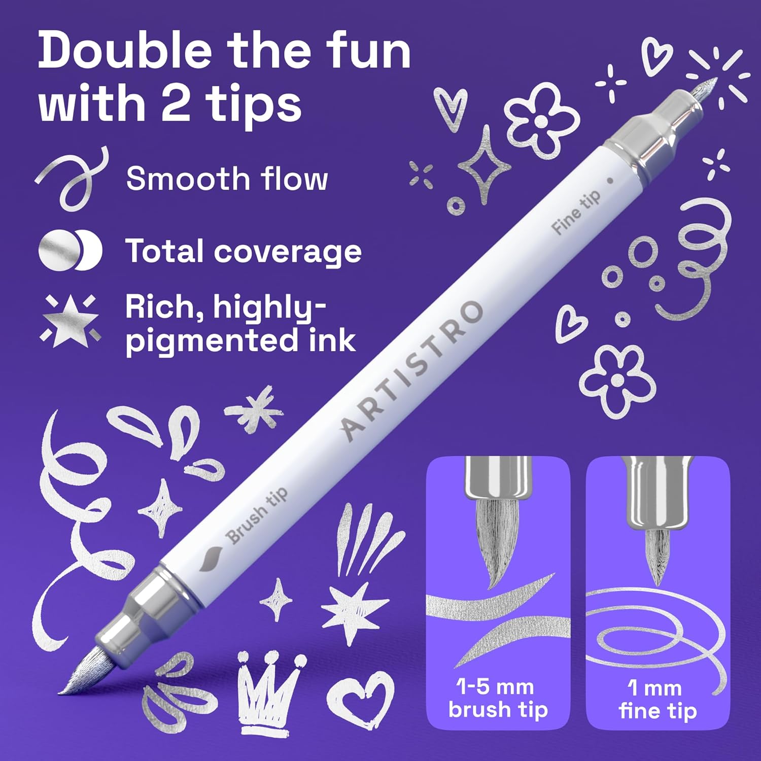 ARTISTRO 5 Silver Acrylic Paint Markers - Paint Pens for Drawing, Brush + Fine Tips - For Fabric, Rock, Glass, Wood, DIY - Art & Craft Supplies for Adults, Teens, Kids - Teacher Appreciation Gift