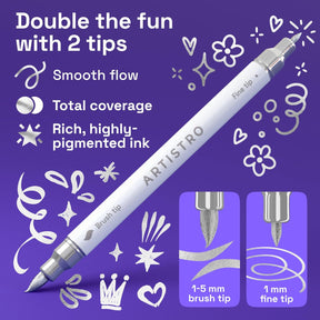 ARTISTRO 5 Silver Acrylic Paint Markers - Paint Pens for Drawing, Brush + Fine Tips - For Fabric, Rock, Glass, Wood, DIY - Art & Craft Supplies for Adults, Teens, Kids - Teacher Appreciation Gift