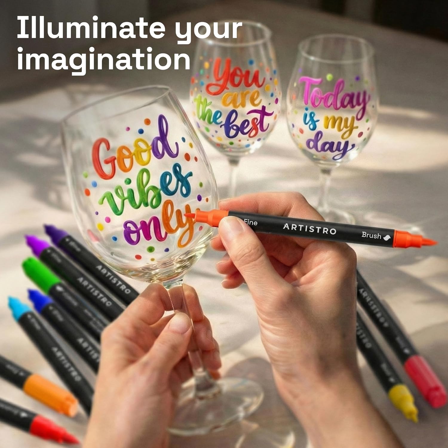 ARTISTRO 24 Glass Acrylic Paint Markers - Erasable Wine Glass Markers - Paint Pens for Windows, Mirrors, Ceramic and Mugs with Brush + Fine Dual-Tip Combo