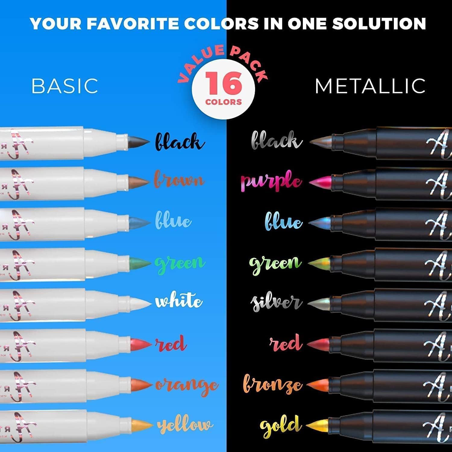 Acrylic Paint Pens Brush Tip, 8 Metallic & 8 Basic Colors Acrylic Paint Markers. Calligraphy Brush Set for Rock Painting, Scrapbooking, Sumi Brush, Lettering, Card Making, Sketching, Black Paper, DIY