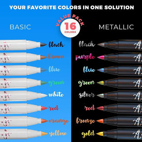 Acrylic Paint Pens Brush Tip, 8 Metallic & 8 Basic Colors Acrylic Paint Markers. Calligraphy Brush Set for Rock Painting, Scrapbooking, Sumi Brush, Lettering, Card Making, Sketching, Black Paper, DIY