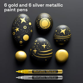 Gold & Silver Metallic Paint Pens for Rock Painting, Stone, Ceramic, Glass, Wood, Metal, Fabric, Canvas. Set of 6 Gold Permanent Oil Based Paint Markers and 6 Silver Paint Markers Extra Fine Tip 0.7mm