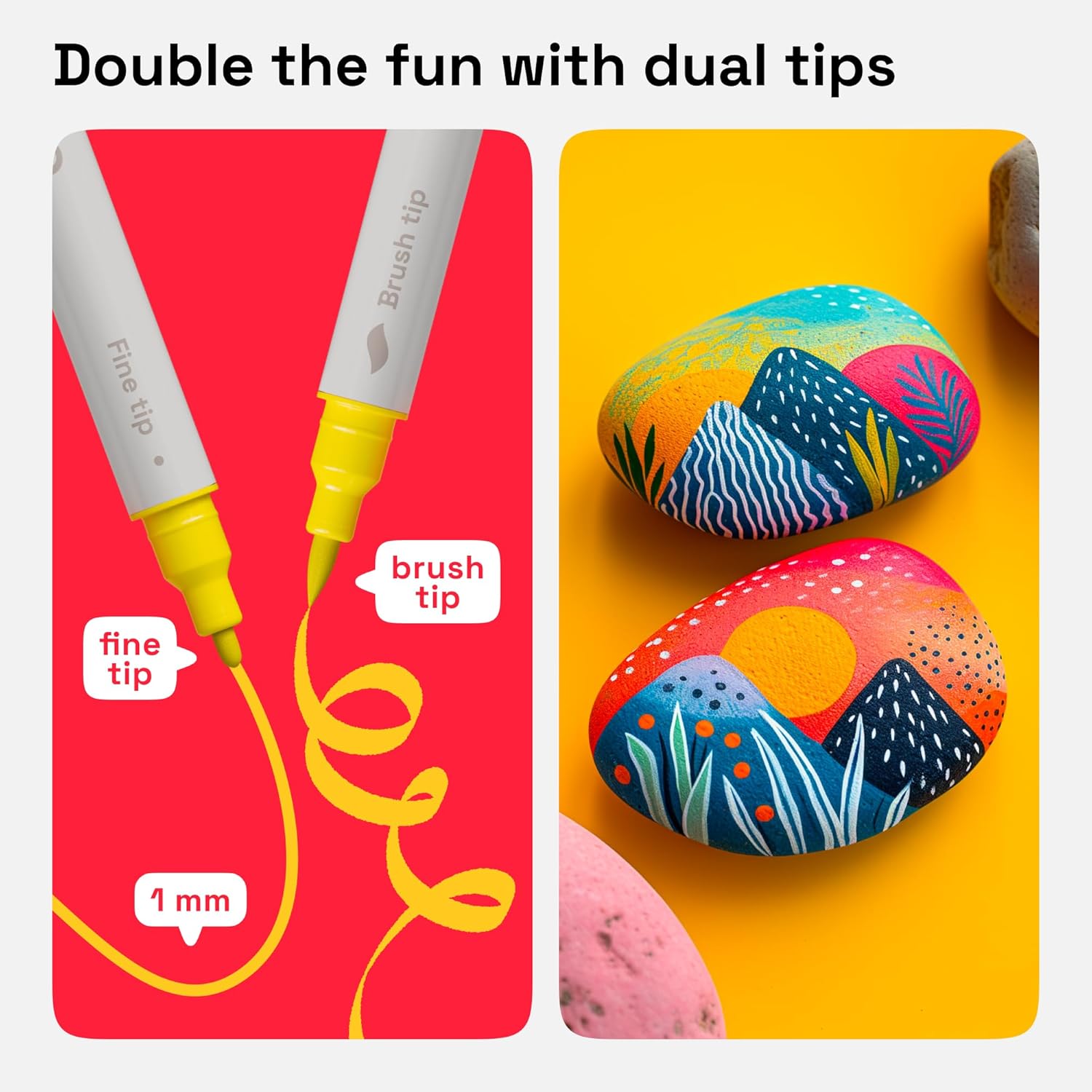 Dual Tip Acrylic Paint Markers - Easy for All Ages & Levels Acrylic Paint Pens for Fabric, Rocks, Paper, Wood, Canvas, Glass, DIY (Dual Tip Brush + Fine, 72)