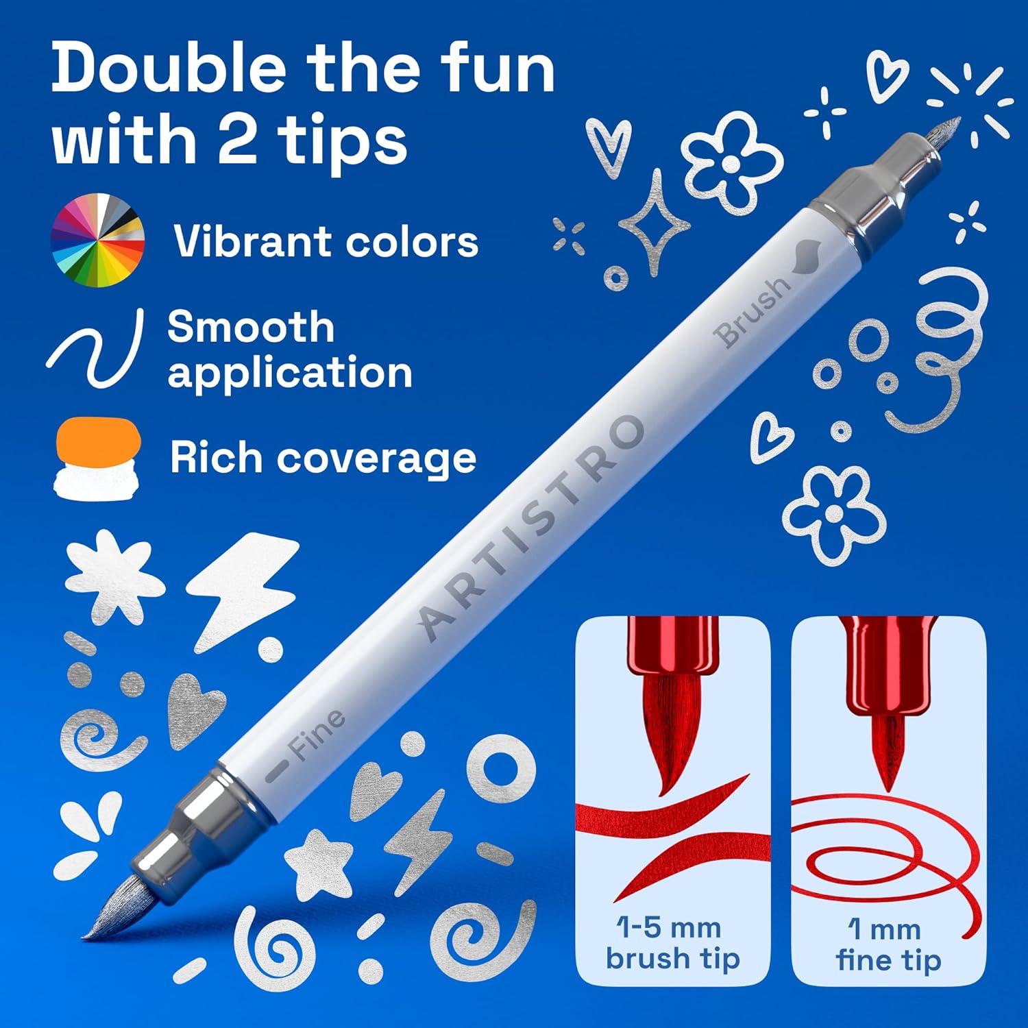 ARTISTRO 36 Metallic Acrylic Paint Markers - Paint Pens for Drawing, Brush + Fine Tips - For Fabric, Rock, Glass, Wood, DIY - Art & Craft Supplies for Adults, Teens, Kids - Teacher Appreciation Gift