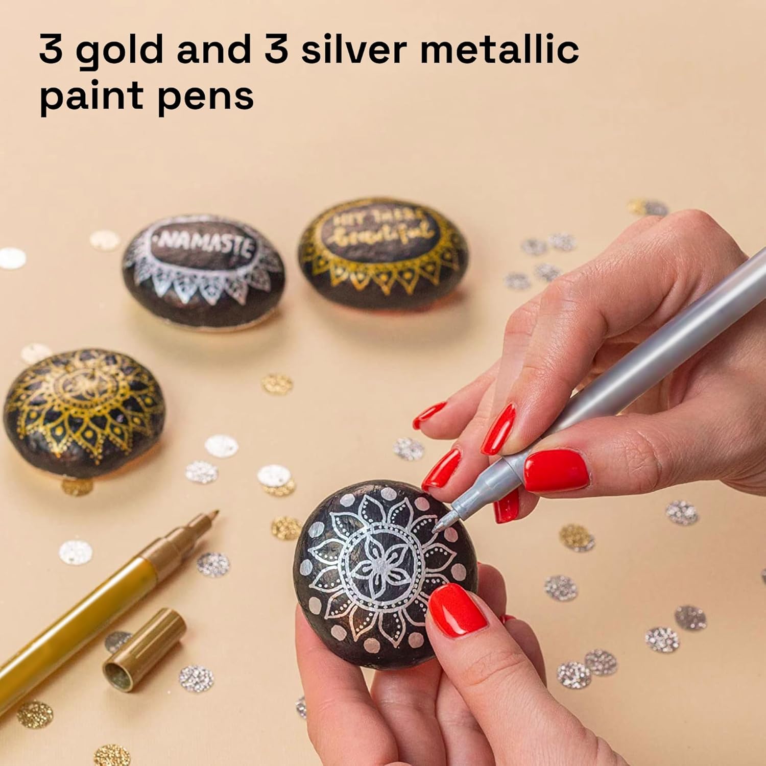 Metallic Acrylic Paint Pens for Rock Painting, Stone, Ceramic, Glass, Wood, Fabric, Canvas, Metal, Scrapbooking (6 Pack) Set of 3 Gold & 3 Silver Acrylic Paint Markers Water-Based Extra-Fine Tip 0.7mm