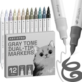 ARTISTRO 12 Gray Tones Dual-Tip Acrylic Paint Marker Pens for Drawing