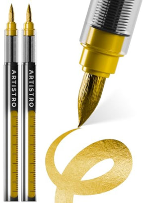 ARTISTRO 2 Gold Acrylic Paint Markers - Brush Tip Paint Pens with Automatic Ink Control System for Rock, Egg, Wood, Fabr
