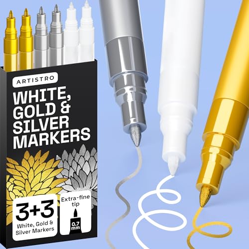 ARTISTRO White, Gold & Silver Acrylic Paint Pens – 0.7mm Extra Fine Tip Paint Pens for Crafts, Greeting Cards, Ornament 