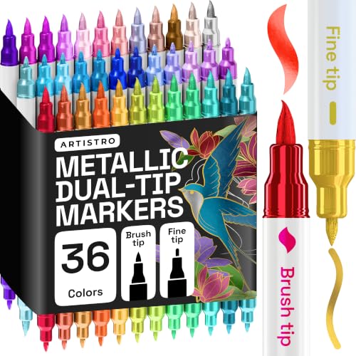 ARTISTRO 36 Metallic Acrylic Paint Markers - Paint Pens for Drawing, Brush + Fine Tips - For Fabric, Rock, Glass, Wood, 