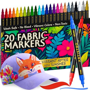 ARTISTRO 20 Fabric Markers for Clothes and Textiles – Permanent No-Bleed Fabric Decorating Kit for T-Shirts, Bags, Canva