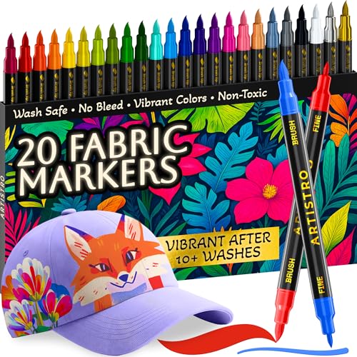 ARTISTRO 20 Fabric Markers for Clothes and Textiles – Permanent No-Bleed Fabric Decorating Kit for T-Shirts, Bags, Canva