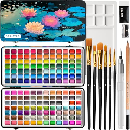 ARTISTRO Deluxe Watercolor Paint Set with 168 Colors – Vivid Colors in a Portable Box – Travel Watercolor Set with Compl
