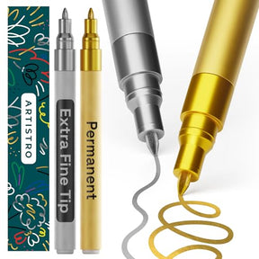 ARTISTRO 2 Gold & Silver Permanent Marker - Waterproof Markers for Tire, Fabric, Rocks, Glass, Ceramic, Wood, Paper - Oi