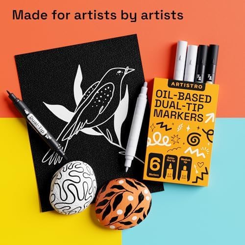ARTISTRO 6 Black & White Permanent Markers, Oil Based Paint Markers Dual Tip (0.7mm+3mm), Waterproof Paint Pens for Rock Painting, Ceramic, Glass, Wood, Tire, Fabric & More 3+3