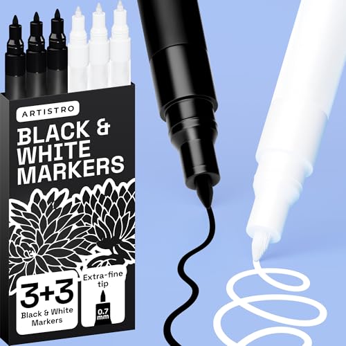ARTISTRO 6 Black & White Acrylic Paint Pens – 0.7mm Extra-Fine Tip Markers – Paint Pens for Crafts, Rock Painting, Glass