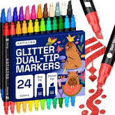 ARTISTRO 24 Shimmering Glitter Dual-Tip Paint Pens – Sparkly Markers with Acrylic Ink for Rock, Ceramic, Wood, Fabric, &