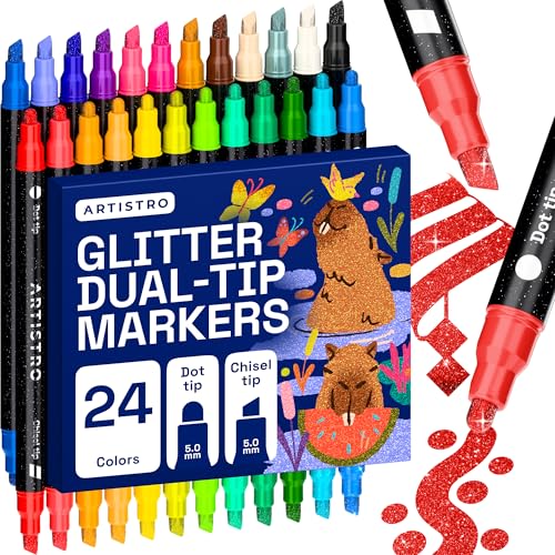 ARTISTRO 24 Shimmering Glitter Dual-Tip Paint Pens – Sparkly Markers with Acrylic Ink for Rock, Ceramic, Wood, Fabric, &