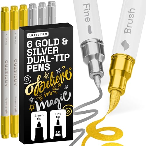 ARTISTRO Gold & Silver Acrylic Paint Pens – Dual Tip Markers – Brush & Fine Tip Paint Pens for Calligraphy, Crafts, Gree