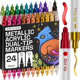 ARTISTRO 24 Metallic Precision Dual-Tip Acrylic Paint Markers – Paint Pens Set with Dot & Fine Tips for Fabric, Rock, Gl