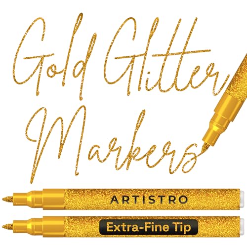 ARTISTRO 2 Glitter Gold Acrylic Paint Markers - 0.7mm Extra Fine-Tip Paint Pens - Perfect for Crafting, Art Projects, & 