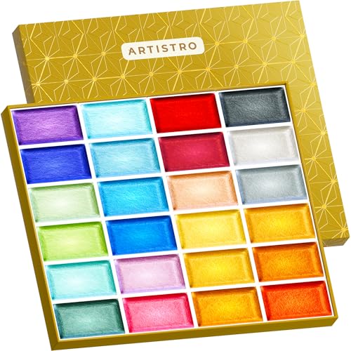 ARTISTRO Professional Metallic Watercolor Paint Set for Adults - 24 Pigment-Rich Colors, XL Pans, ASTM-I Lightfastness, 