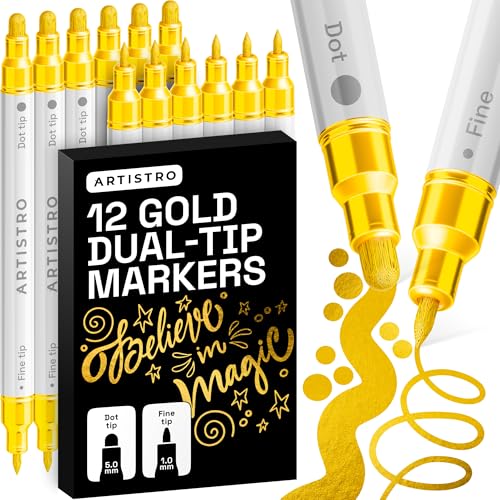 ARTISTRO 12 Gold Dual-Tip Acrylic Paint Markers – Paint Pens Set with Dot & Fine Tips for Fabric, Rock, Glass, Wood, Col