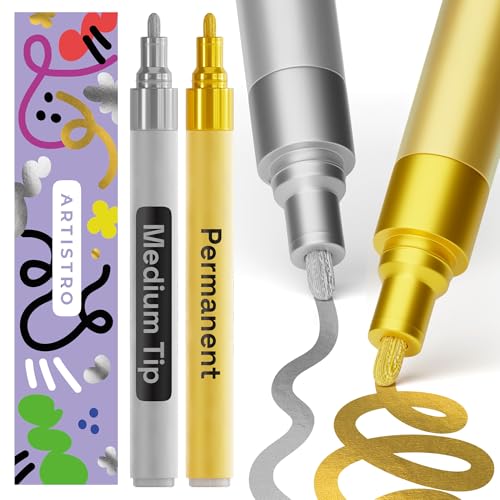 ARTISTRO 2 Gold & Silver Permanent Marker - Waterproof Markers for Tire, Fabric, Rocks, Glass, Ceramic, Wood, Paper - Oi