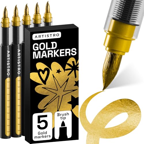 ARTISTRO 5 Gold Paint Pen for Rock, Glass, Ceramic, Wood, Tire, Fabric, Metal, Canvas, Marking, Painting - Set of 5 Acry