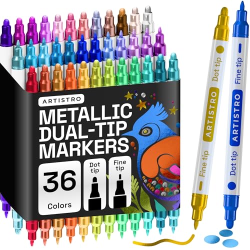 ARTISTRO 36 Metallic Dual-Tip Acrylic Paint Markers – Paint Pens Set with Dot & Fine Tips for Fabric, Rock, Glass, Wood,