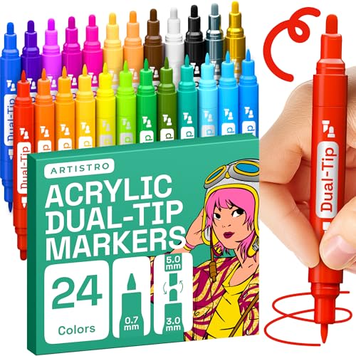ARTISTRO 24 Dual-Tip Acrylic Paint Markers - Medium + Fine Tip Combo - 22 Bright Colors + 2 Metallic Chrome Paint Pens