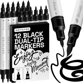 ARTISTRO 12 Black Dual-Tip Acrylic Paint Marker Pens for Drawing