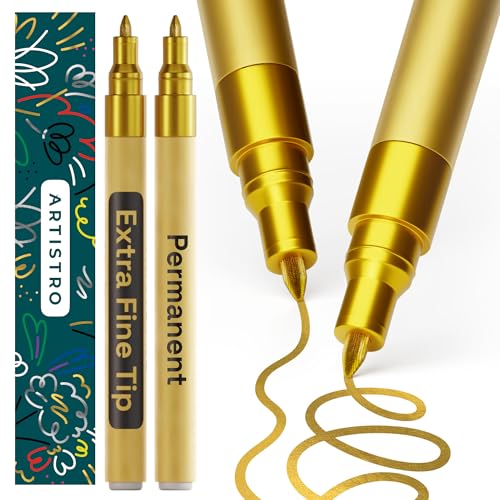 ARTISTRO 2 Gold Permanent Marker - Waterproof Markers for Tire, Fabric, Rocks, Glass, Ceramic, Wood, Paper - Oil Based M