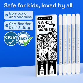 ARTISTRO 5 White Precision Dual-Tip Acrylic Paint Markers – Paint Pens Set with Dot & Fine Tips for Fabric, Rock, Glass, Wood, Coloring Books – Classroom & Art Supplies Gift Teacher Appreciation Gift