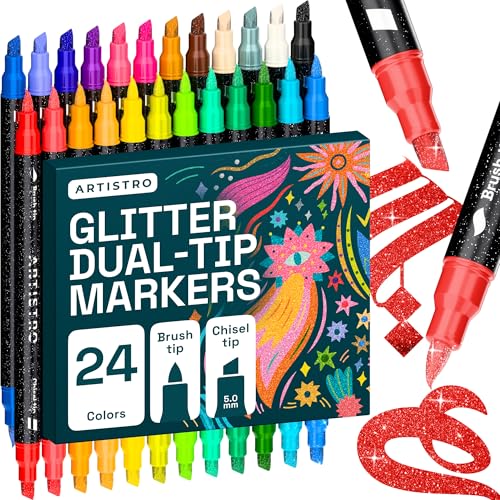 ARTISTRO 24 Sparkly Glitter Dual-Tip Paint Pens – Dazzling Markers with Acrylic Ink for Rock, Ceramic, Wood, Fabric, & M