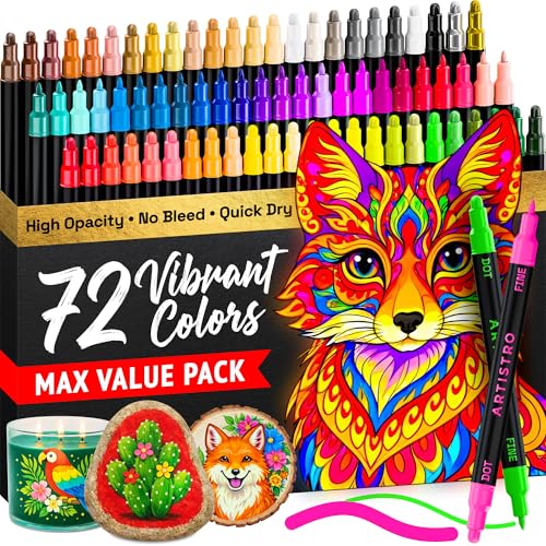 ARTISTRO 72 Precision Dual-Tip Acrylic Paint Markers – Paint Pens Set with Dot & Fine Tips for Fabric, Rock, Glass, Wood