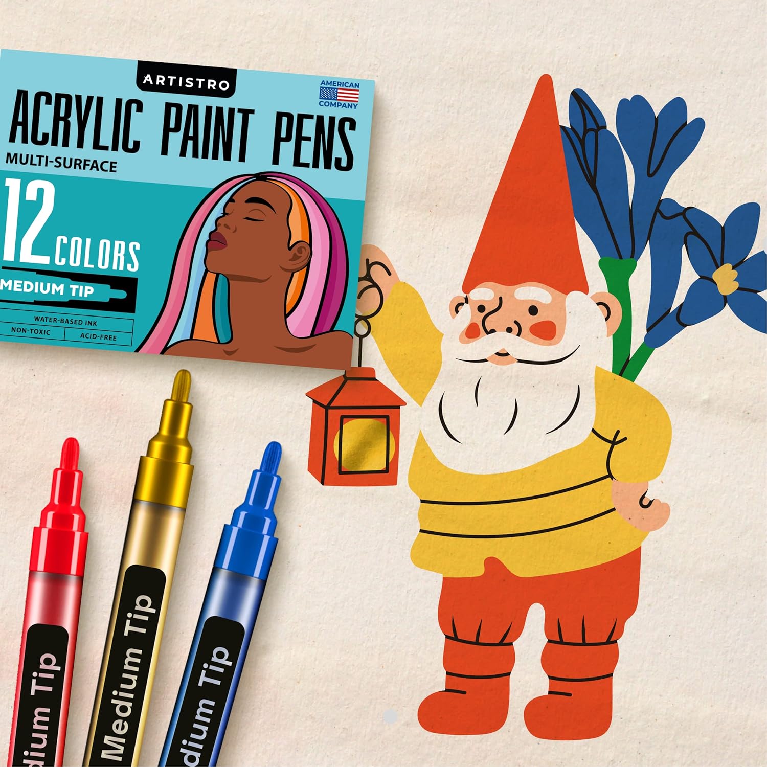 Acrylic Paint Pens, Fabric Markers Acrylic Paint Markers, Acrylic Markers for Fabric, Canvas, Rock, Glass, Wood, Paper, DIY, Paint Markers, Multicolor (Medium Tip, 12)