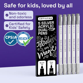 ARTISTRO 5 Silver Acrylic Paint Markers - Paint Pens for Drawing, Brush + Fine Tips - For Fabric, Rock, Glass, Wood, DIY - Art & Craft Supplies for Adults, Teens, Kids - Teacher Appreciation Gift