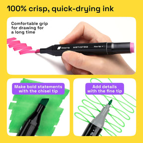 Alcohol Dual Tip Markers Set of 120 with No Bleed Ink, Bonus Case and Vibrant Fade-Resistant Colors, Art Supplies for Sketching, Manga, Drawing, Adult Coloring Books, Card Making (Fine & Chisel)