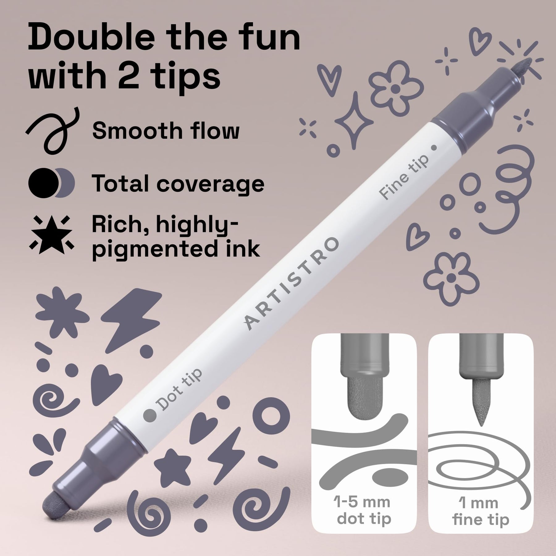 ARTISTRO 5 Grey Tones Dual-Tip Acrylic Paint Marker Pens