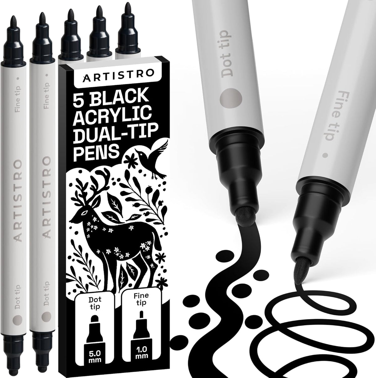 ARTISTRO 5 Black Acrylic Paint Markers for Rock, Fabric, Wood, Glass, Craft, Decoration - Dual-Tip Paint Pens - Stocking Stuffers, Christmas Gift Idea for Teens, Grandkids, Kids - Art Supplies