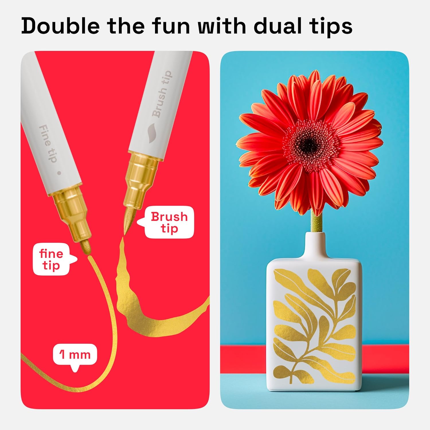 ARTISTRO 5 Gold Acrylic Paint Markers - Paint Pens Dual Tip Brush + Fine Ideal for Calligraphy - Perfect for Fabric, Rock, Glass, Wood, DIY - Art Supplies, Stocking Stuffers, Christmas Gift Idea