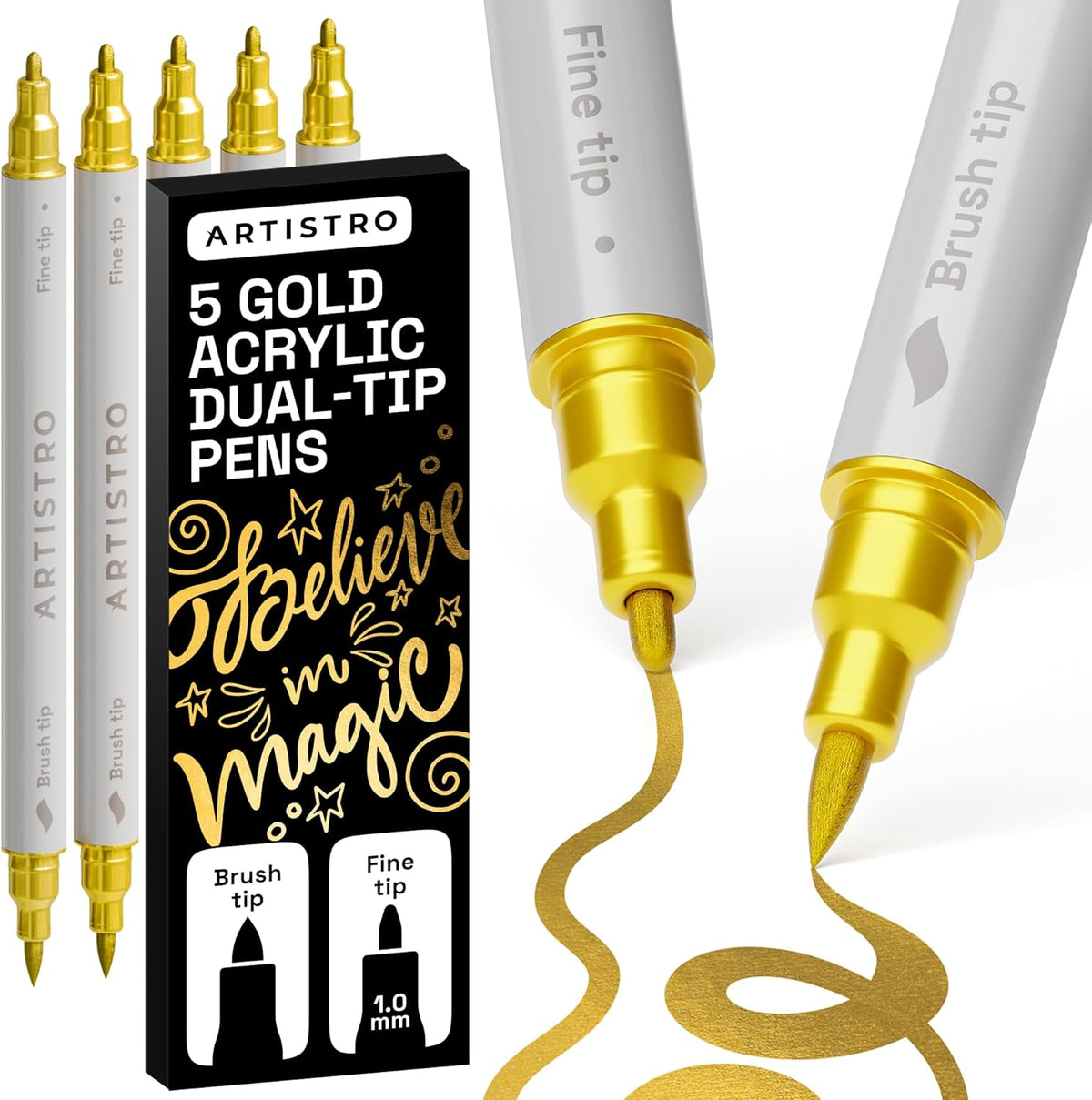 ARTISTRO 5 Gold Acrylic Paint Markers - Paint Pens Dual Tip Brush + Fine Ideal for Calligraphy - Perfect for Fabric, Rock, Glass, Wood, DIY - Art Supplies, Stocking Stuffers, Christmas Gift Idea